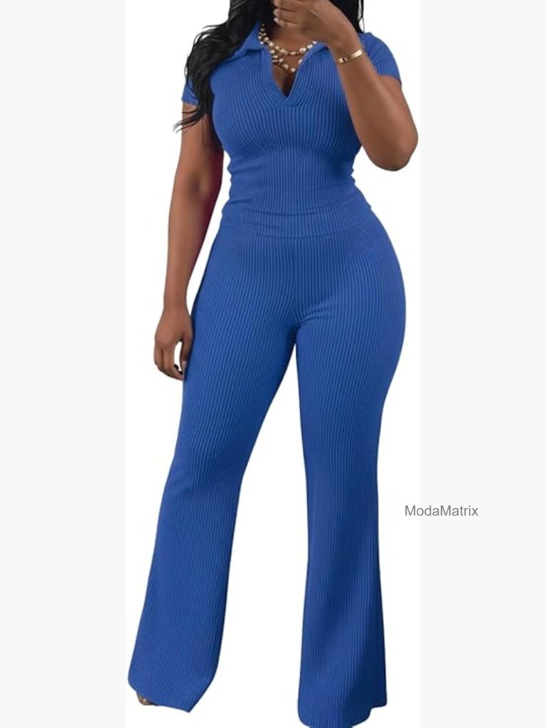 Ribbed V-Neck Polo Top & Flare Pants Lounge Set Casual Tracksuit
